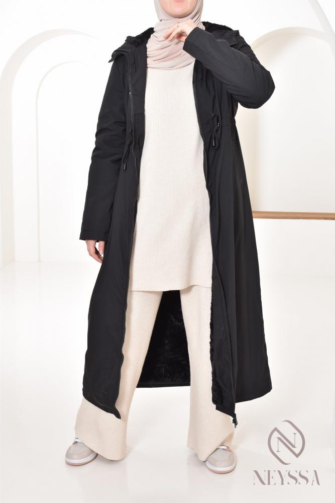 Long fur-lined parka Black