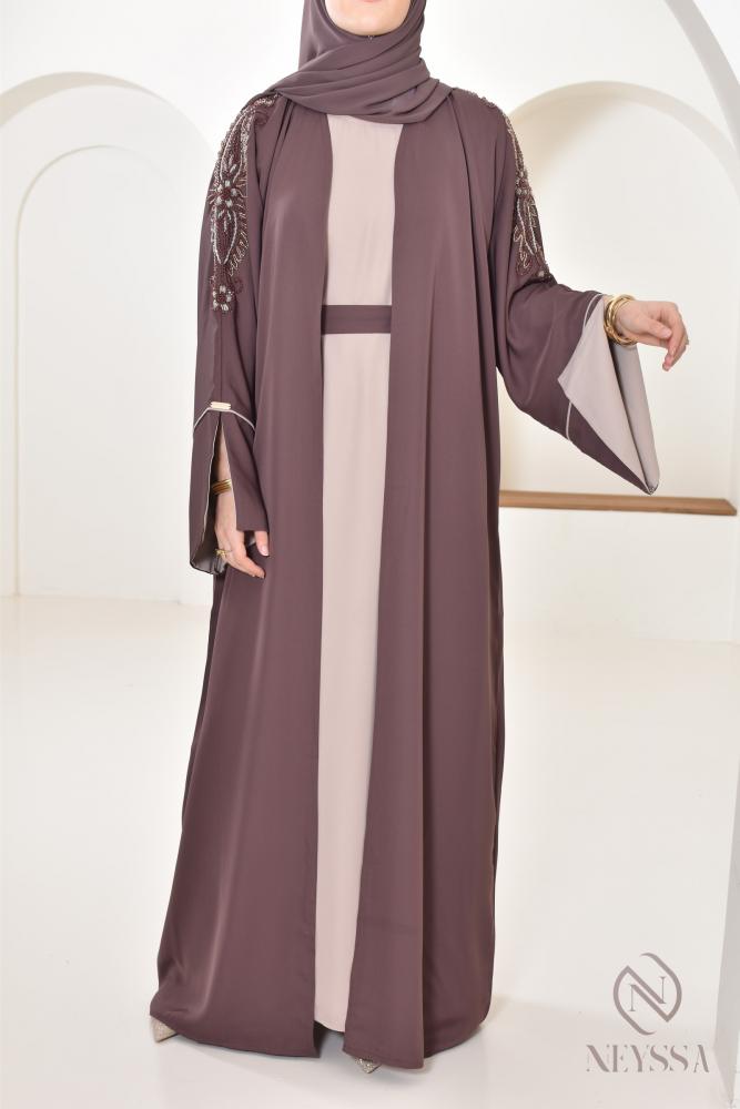 Abaya Dubaï perles brodées Marron glacé