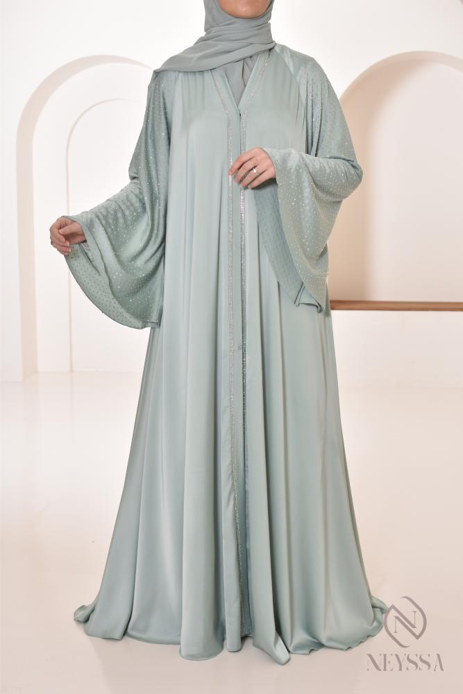 Abaya Dubaï strass Reem Vert d'eau