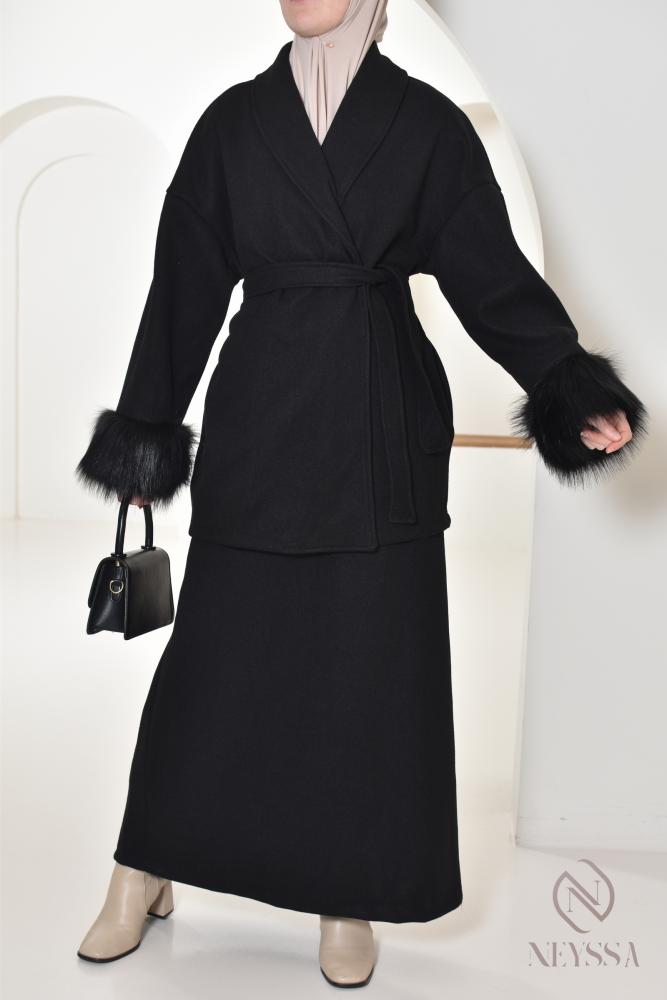 BLACK fur jacket and skirt set