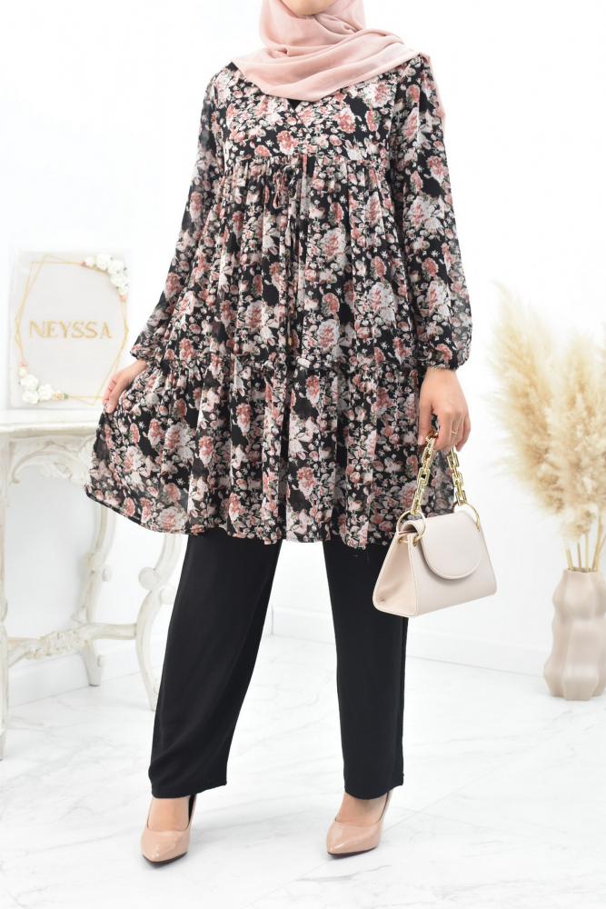 Long flared tunic with floral print