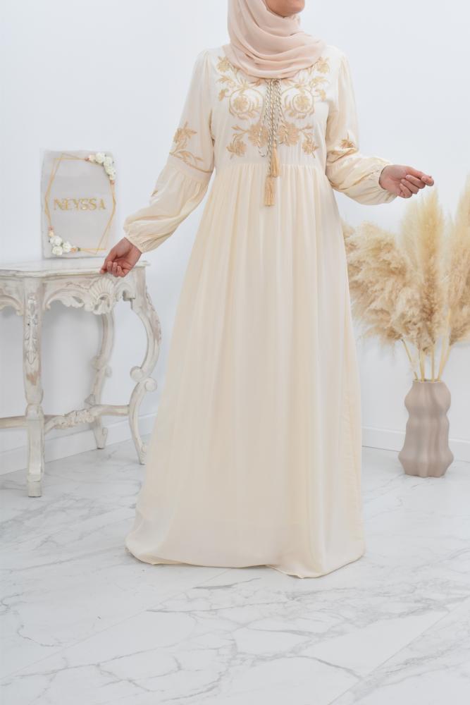 Beige and gold embroidered long dress Naîma
