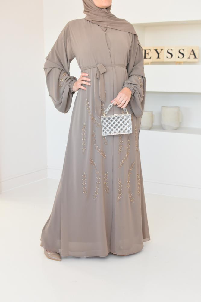 Abaya Dubai taupe Puffärmel Perlen Neyssa Shop