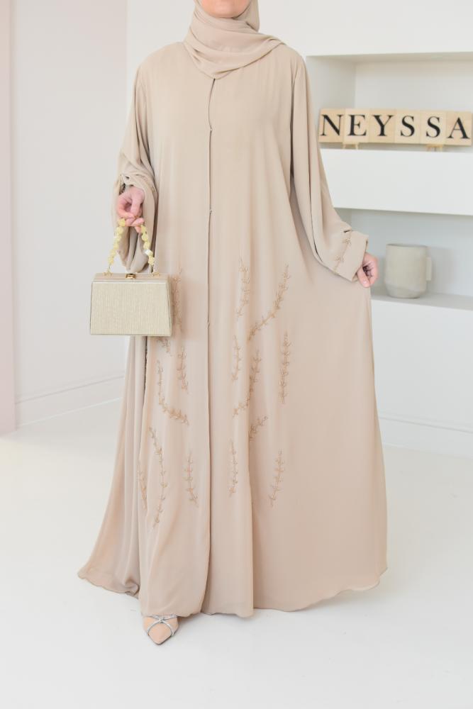 Abaya Dubai beige puffed sleeves beads Neyssa Shop