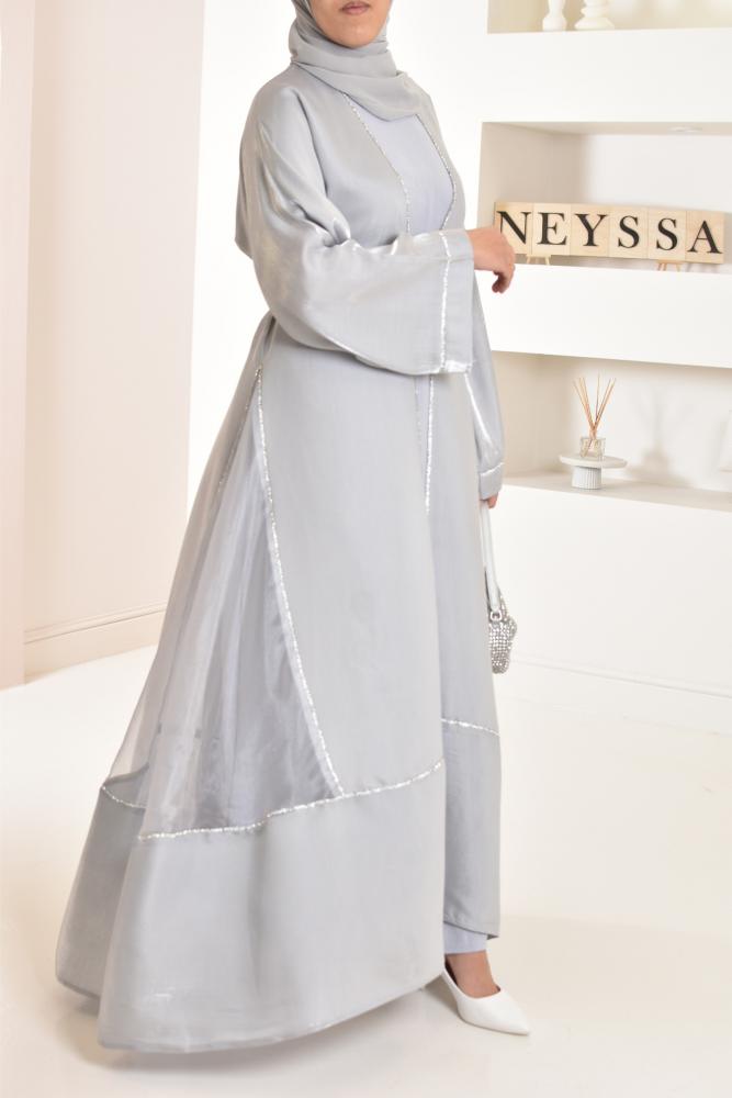 Abaya Dubai perlgrau Kimono Organza Neyssa shop