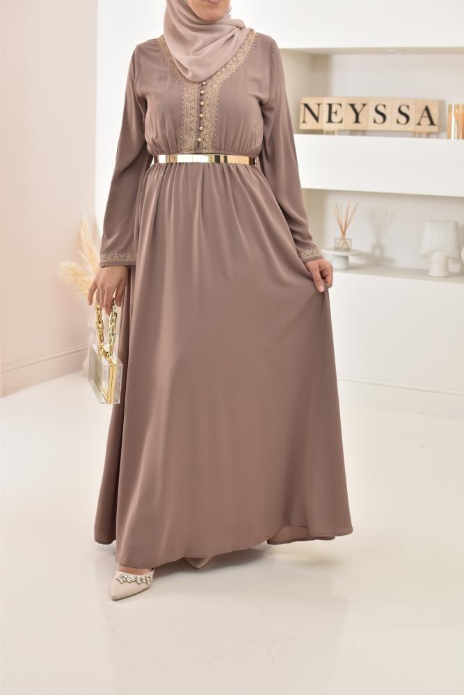 Ihssane embroidered long taupe dress