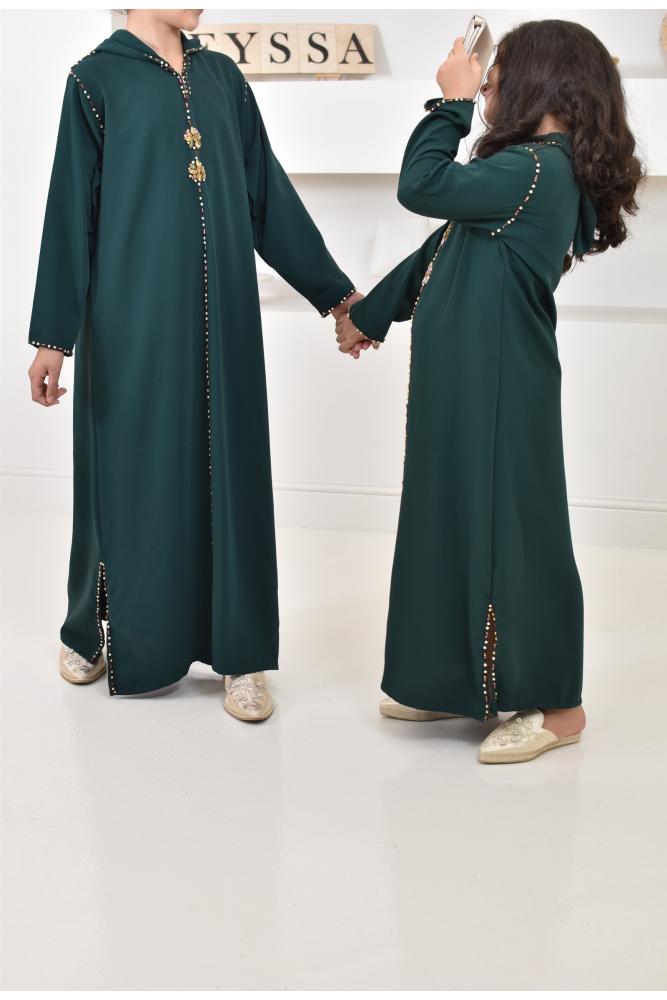 Djellaba marocaine pour fille couleur vert bouteille robe