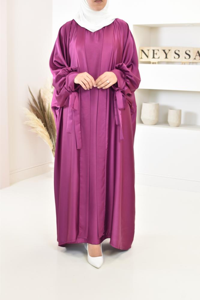 Ensemble abaya kimono satin mauve Neyssa shop
