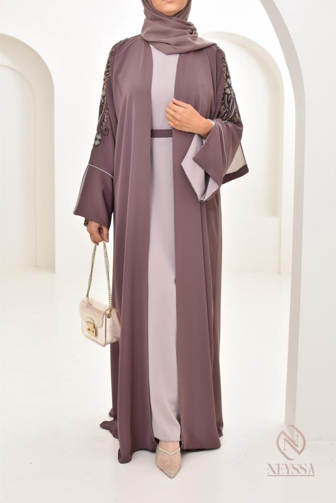 Abaya Dubaï perles brodées Marron glacé