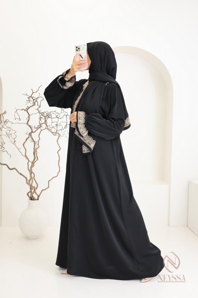 Integrierte Abaya Hijab bestickt Mawazine Schwarz