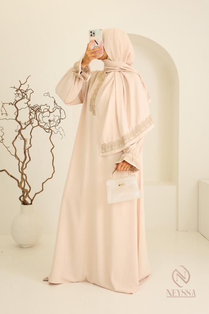 Abaya Hijab Embedded bestickt Mawazine beige